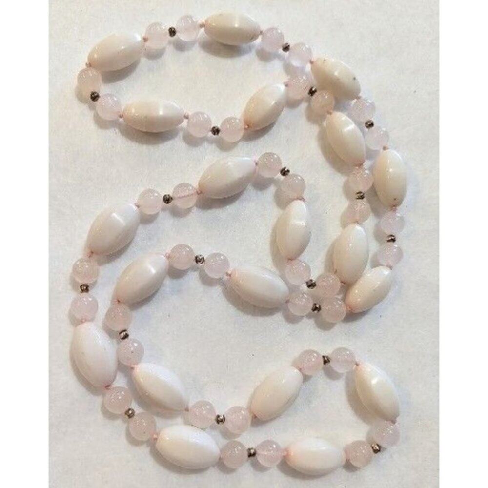 Vintage Lovely Pink Rose Quartz White Bead Necklace Gemstone 32"
